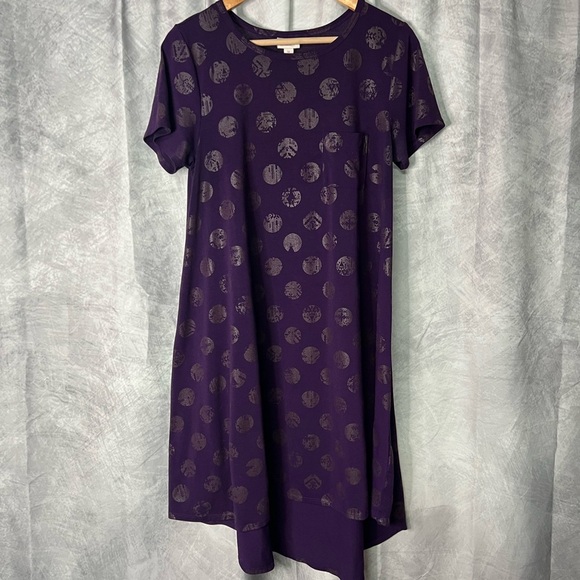 LuLaRoe Carly Purple Polka-Dot w Aztec Design Patterned Short Sleeve Swing Dress - Picture 10 of 12